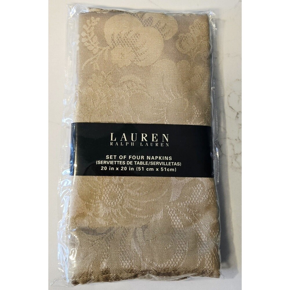 Lauren Ralph Lauren Camel Tan Jacquard Floral Dinner Napkins Set 4 Cottagecore